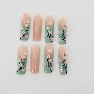 24 Pc Cherry Blossom 3D Long Nails, Durable Nails, Premium Nails, 3D Nails